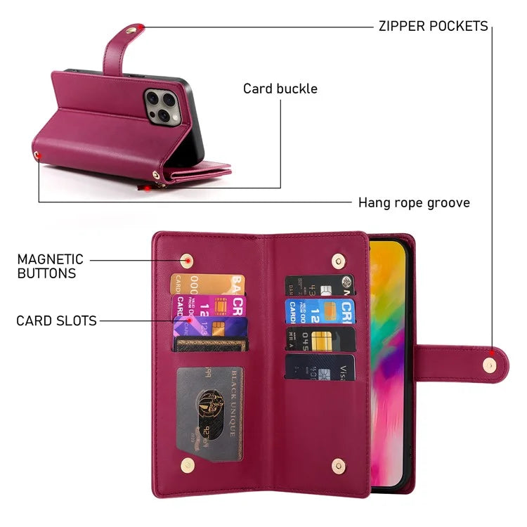 DF-011 For iPhone 16 Pro Max Wallet Case Card Slots Leather Phone Cover with Long / Short Straps