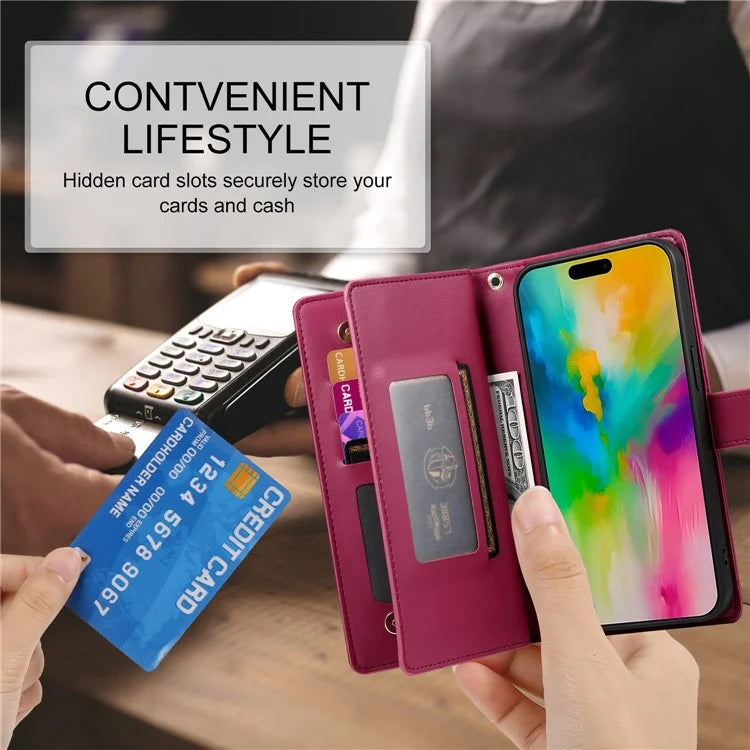 DF-011 For iPhone 16 Pro Max Wallet Case Card Slots Leather Phone Cover with Long / Short Straps