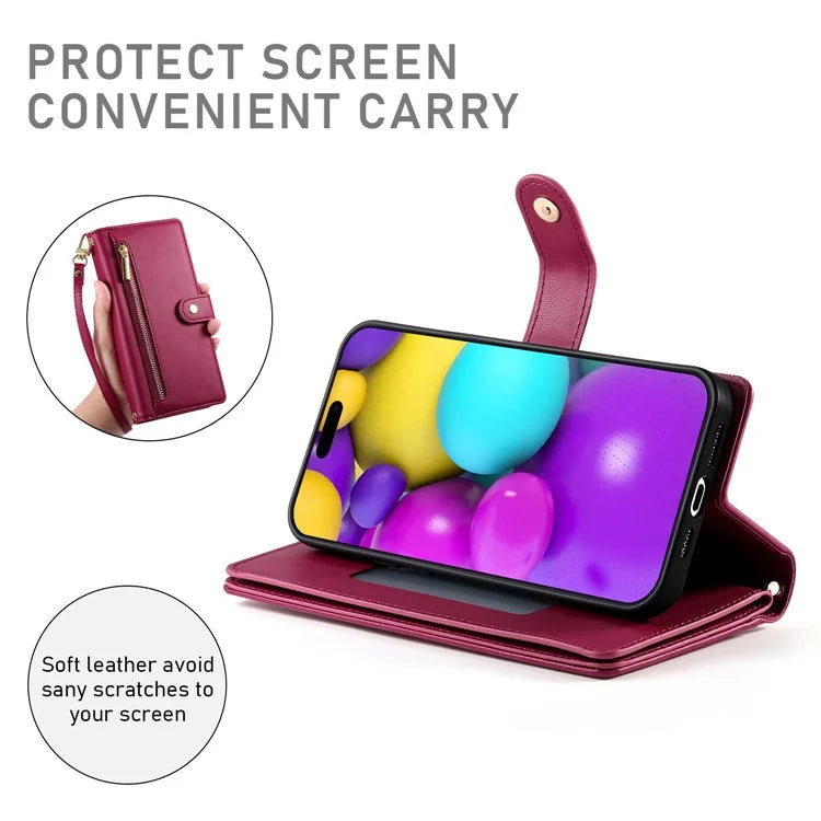 DF-011 For iPhone 16 Case Anti-Drop Leather Wallet Phone Cover with Long / Short Straps