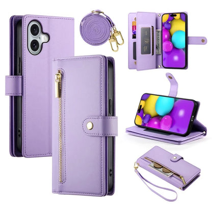 DF-011 For iPhone 16 Case Anti-Drop Leather Wallet Phone Cover with Long / Short Straps