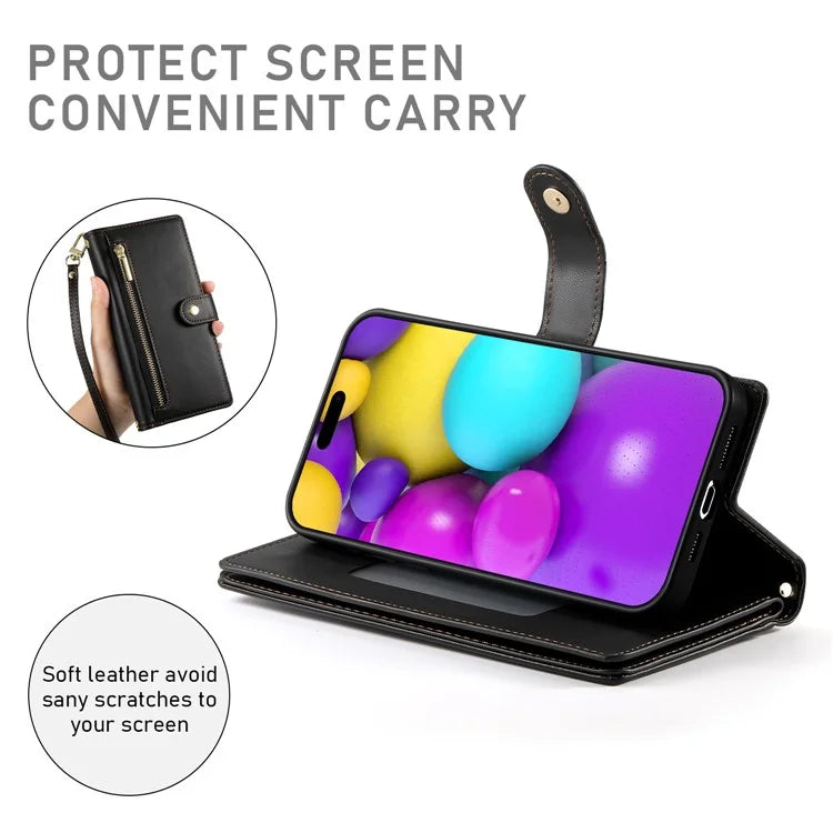 DF-011 For iPhone 16 Case Anti-Drop Leather Wallet Phone Cover with Long / Short Straps