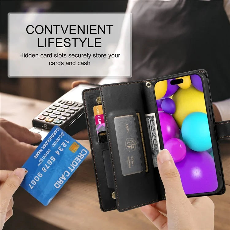 DF-011 For iPhone 16 Case Anti-Drop Leather Wallet Phone Cover with Long / Short Straps