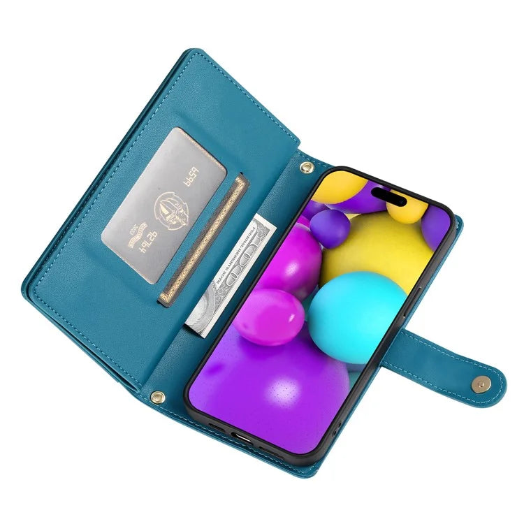 DF-011 For iPhone 16 Case Anti-Drop Leather Wallet Phone Cover with Long / Short Straps