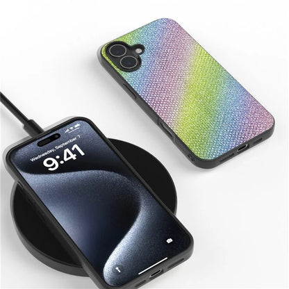 ABEEL For iPhone 16 Plus Case Rhinestone Texture PU+PC+TPU Phone Cover Black Edge