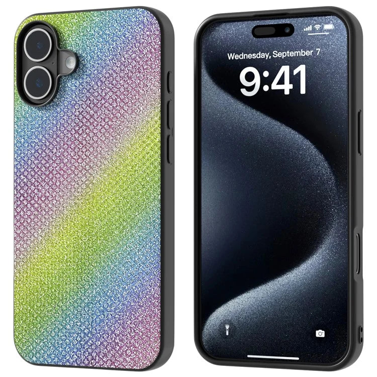 For iPhone 16 Case Black Edge PU+PC+TPU Phone Cover Rhinestone Texture
