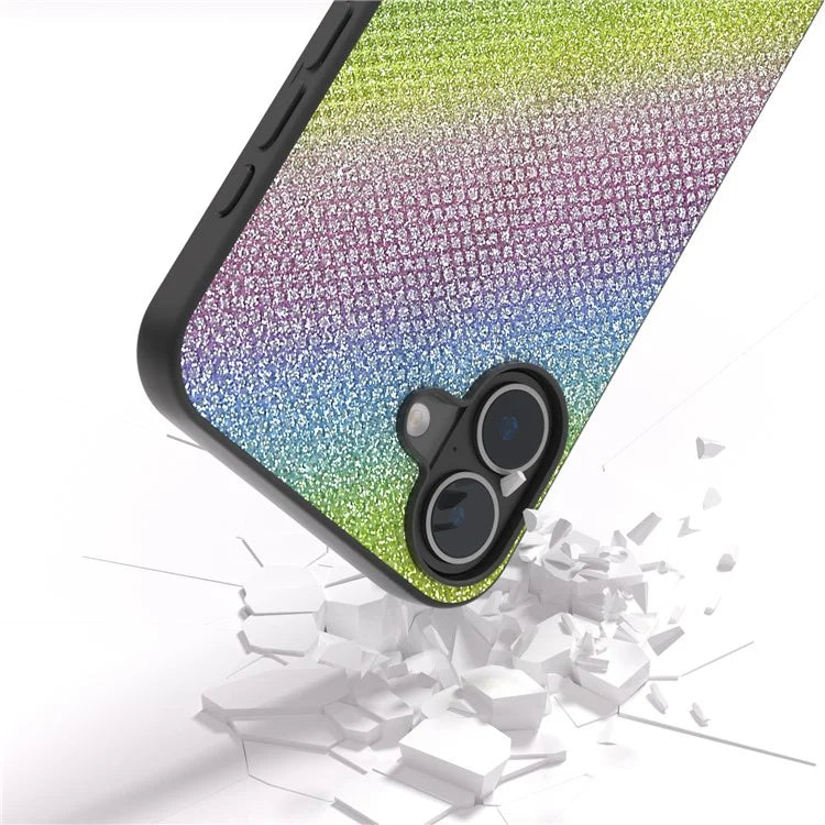 For iPhone 16 Case Black Edge PU+PC+TPU Phone Cover Rhinestone Texture