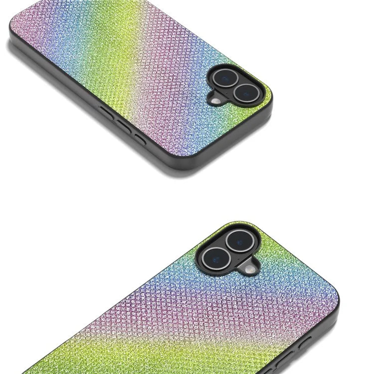 For iPhone 16 Case Black Edge PU+PC+TPU Phone Cover Rhinestone Texture