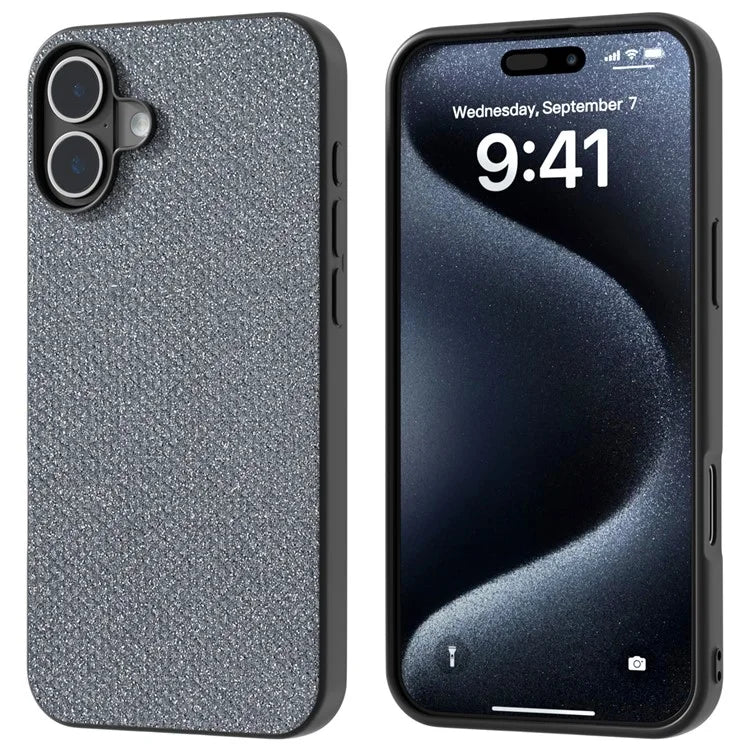 For iPhone 16 Case Black Edge PU+PC+TPU Phone Cover Rhinestone Texture