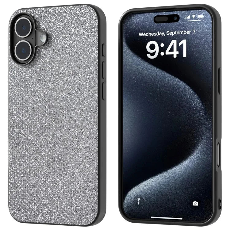 For iPhone 16 Case Black Edge PU+PC+TPU Phone Cover Rhinestone Texture