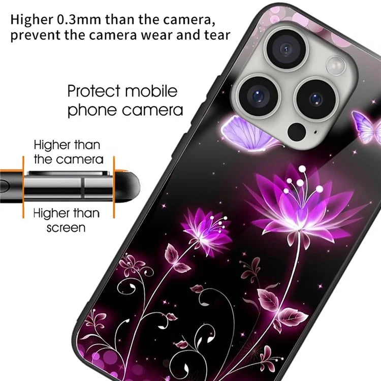 For iPhone 16 Pro Max Case Pattern Printed Tempered Glass+TPU Lightweight Phone Cover