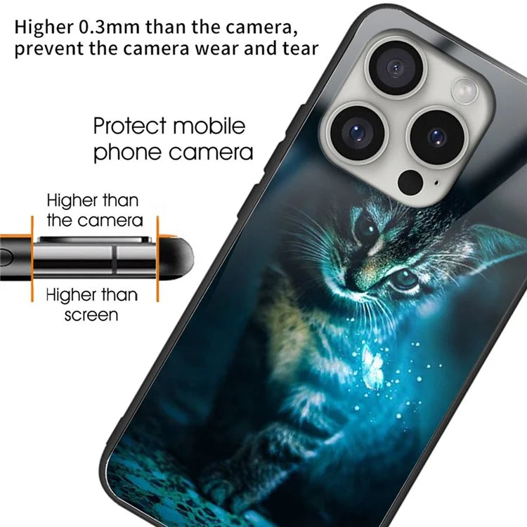 For iPhone 16 Pro Case Pattern Printed Tempered Glass+TPU Protective Phone Cover