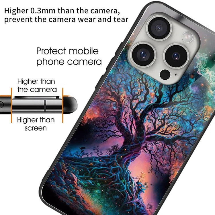 For iPhone 16 Pro Case Pattern Printed Tempered Glass+TPU Protective Phone Cover