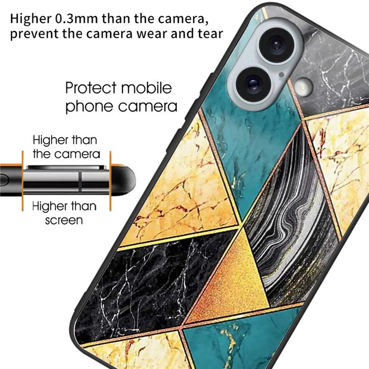 For iPhone 16 Case Lightweight Tempered Glass Back TPU Phone Cover Pattern Printed
