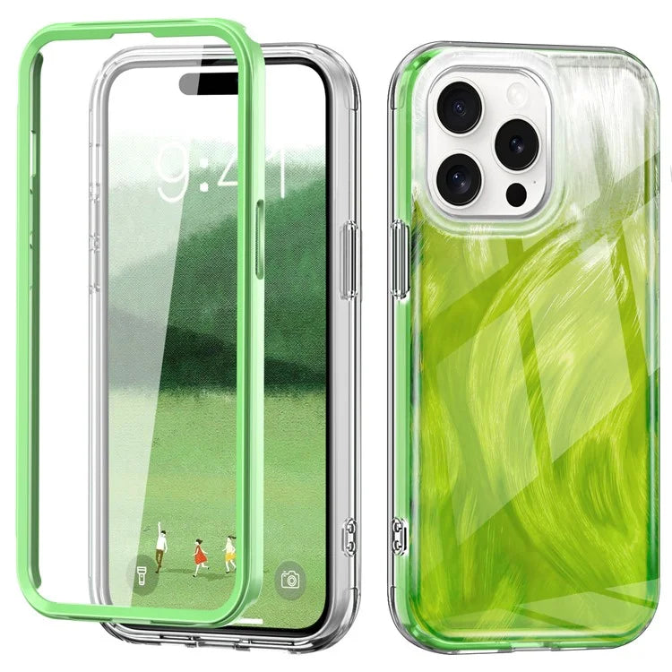 For iPhone 16 Pro Max Case Gradient Feather Pattern PC+TPU Phone Cover Built-In PET Screen Film