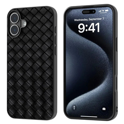 For iPhone 16 Case Woven Texture PU Leather Coated PC+TPU Mobile Phone Cover