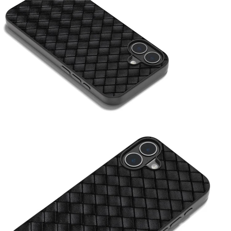 For iPhone 16 Case Woven Texture PU Leather Coated PC+TPU Mobile Phone Cover
