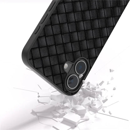 For iPhone 16 Case Woven Texture PU Leather Coated PC+TPU Mobile Phone Cover