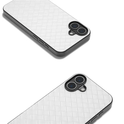 For iPhone 16 Case Woven Texture PU Leather Coated PC+TPU Mobile Phone Cover