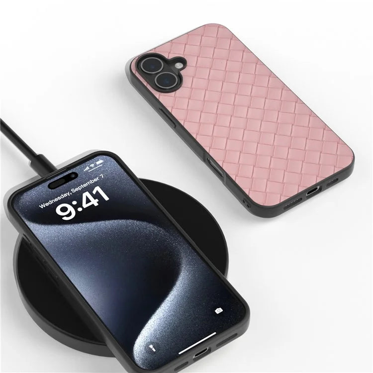 For iPhone 16 Case Woven Texture PU Leather Coated PC+TPU Mobile Phone Cover