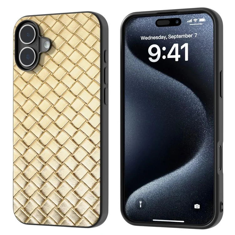 For iPhone 16 Case Woven Texture PU Leather Coated PC+TPU Mobile Phone Cover