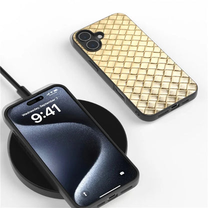 For iPhone 16 Case Woven Texture PU Leather Coated PC+TPU Mobile Phone Cover