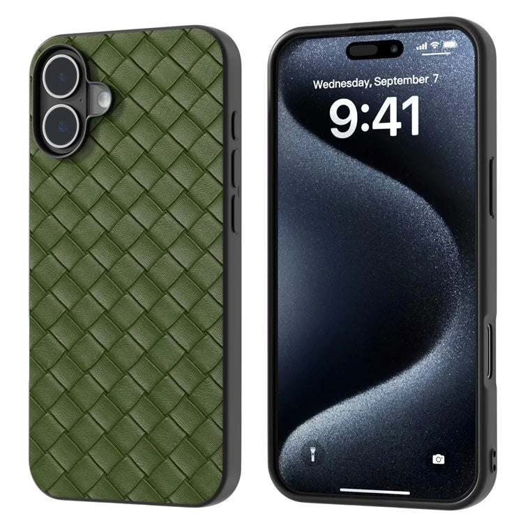 For iPhone 16 Case Woven Texture PU Leather Coated PC+TPU Mobile Phone Cover