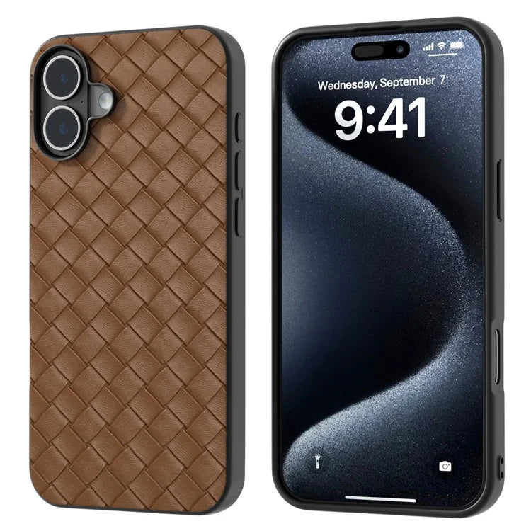 For iPhone 16 Case Woven Texture PU Leather Coated PC+TPU Mobile Phone Cover