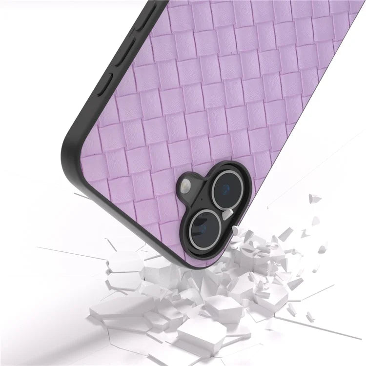 For iPhone 16 Case Woven Texture PU Leather Coated PC+TPU Mobile Phone Cover