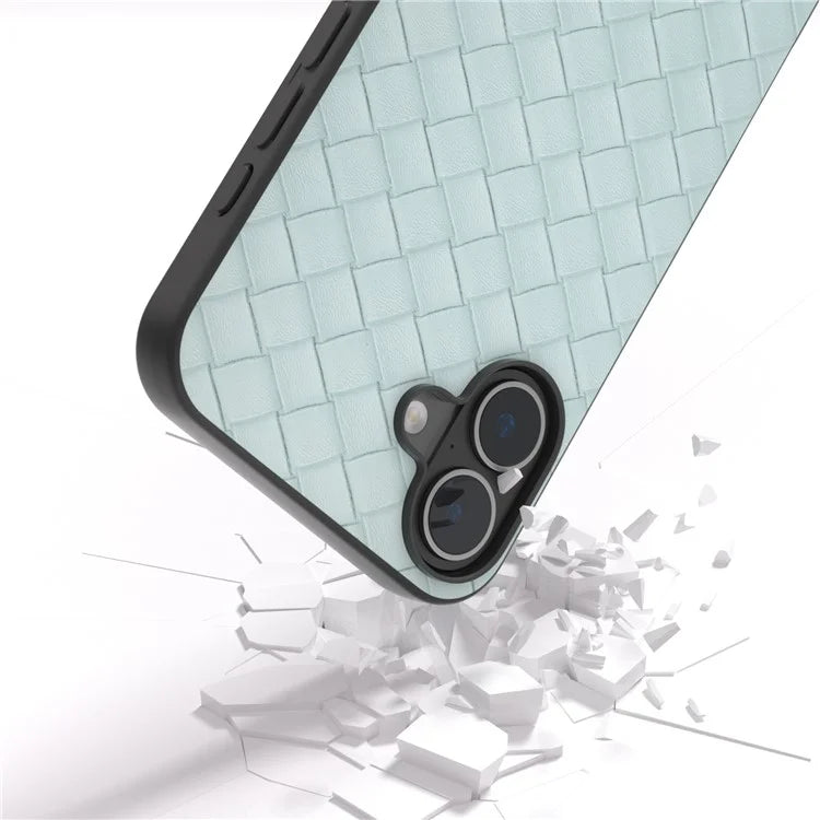 For iPhone 16 Case Woven Texture PU Leather Coated PC+TPU Mobile Phone Cover