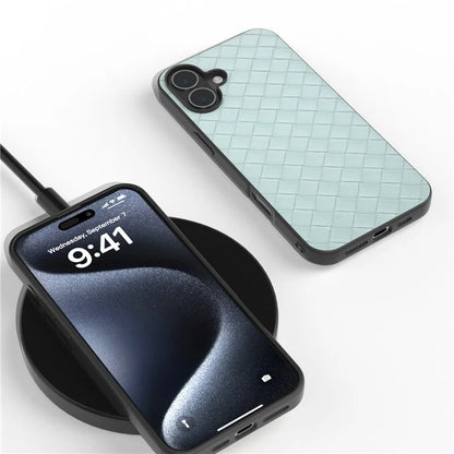 For iPhone 16 Case Woven Texture PU Leather Coated PC+TPU Mobile Phone Cover