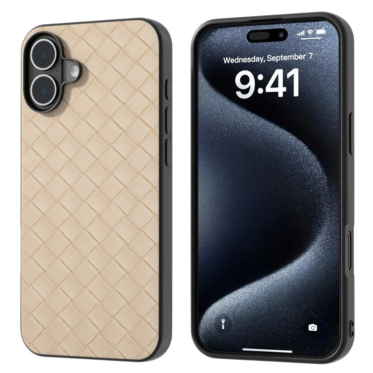 For iPhone 16 Case Woven Texture PU Leather Coated PC+TPU Mobile Phone Cover