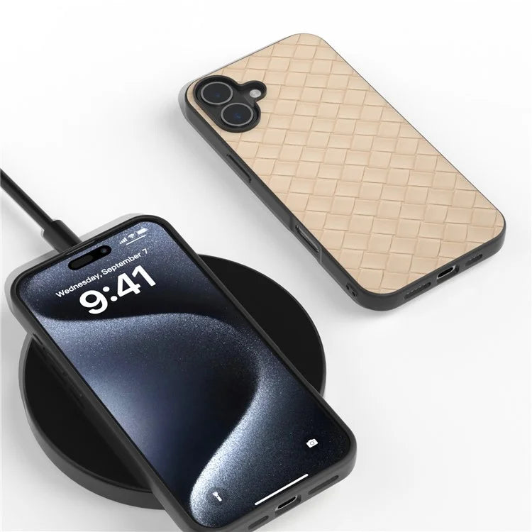For iPhone 16 Case Woven Texture PU Leather Coated PC+TPU Mobile Phone Cover