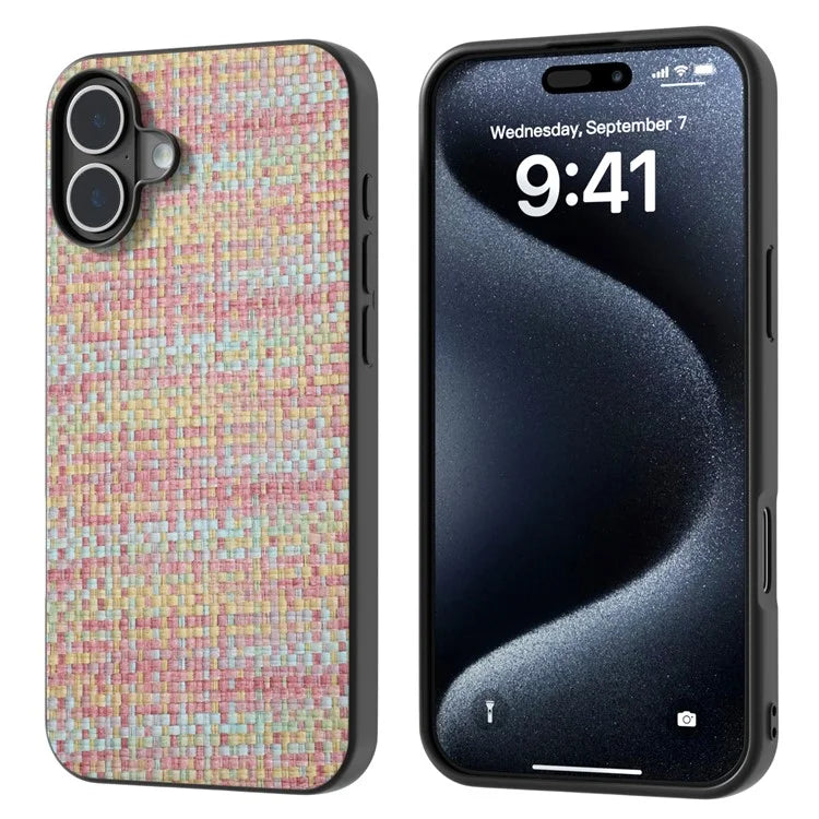 For iPhone 16 Plus Case Plaid Texture PU Leather Coated PC+TPU Phone Cover