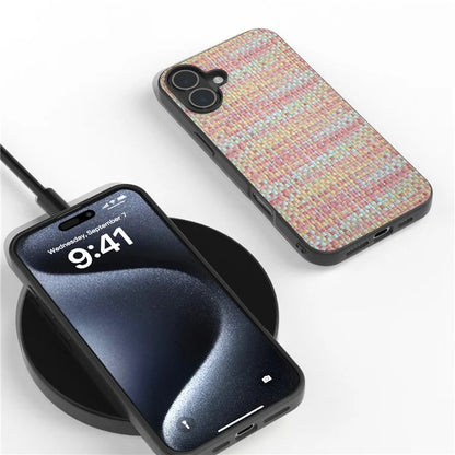 For iPhone 16 Plus Case Plaid Texture PU Leather Coated PC+TPU Phone Cover