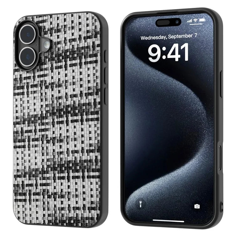 For iPhone 16 Plus Case Plaid Texture PU Leather Coated PC+TPU Phone Cover