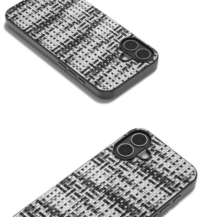 For iPhone 16 Plus Case Plaid Texture PU Leather Coated PC+TPU Phone Cover