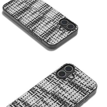 For iPhone 16 Plus Case Plaid Texture PU Leather Coated PC+TPU Phone Cover