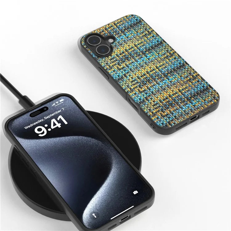 For iPhone 16 Plus Case Plaid Texture PU Leather Coated PC+TPU Phone Cover