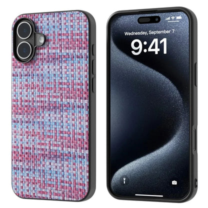 For iPhone 16 Plus Case Plaid Texture PU Leather Coated PC+TPU Phone Cover