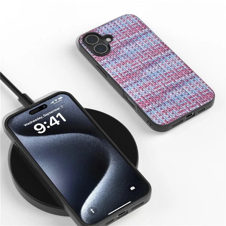 For iPhone 16 Plus Case Plaid Texture PU Leather Coated PC+TPU Phone Cover