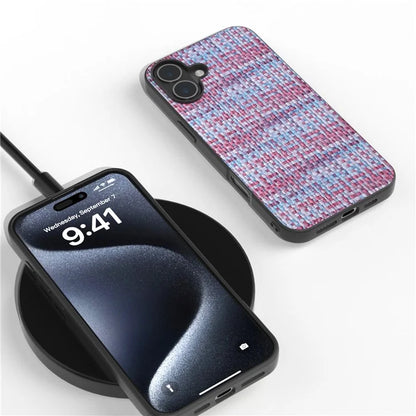 For iPhone 16 Plus Case Plaid Texture PU Leather Coated PC+TPU Phone Cover