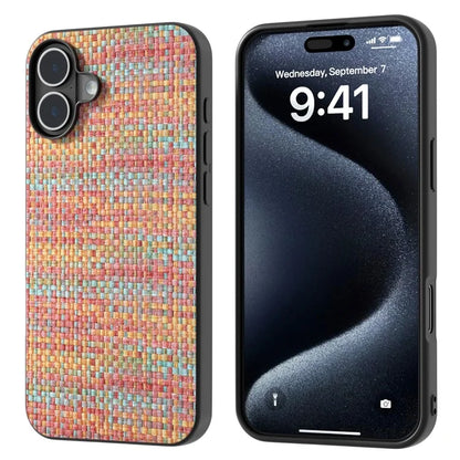 For iPhone 16 Plus Case Plaid Texture PU Leather Coated PC+TPU Phone Cover