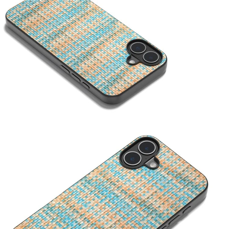 For iPhone 16 Plus Case Plaid Texture PU Leather Coated PC+TPU Phone Cover