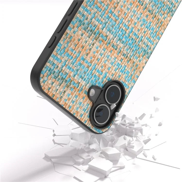 For iPhone 16 Plus Case Plaid Texture PU Leather Coated PC+TPU Phone Cover