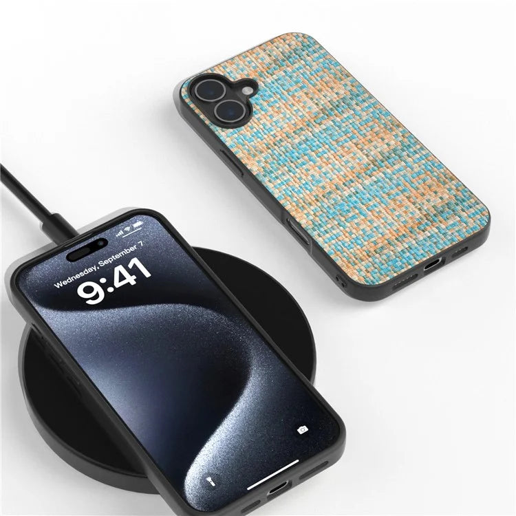 For iPhone 16 Plus Case Plaid Texture PU Leather Coated PC+TPU Phone Cover