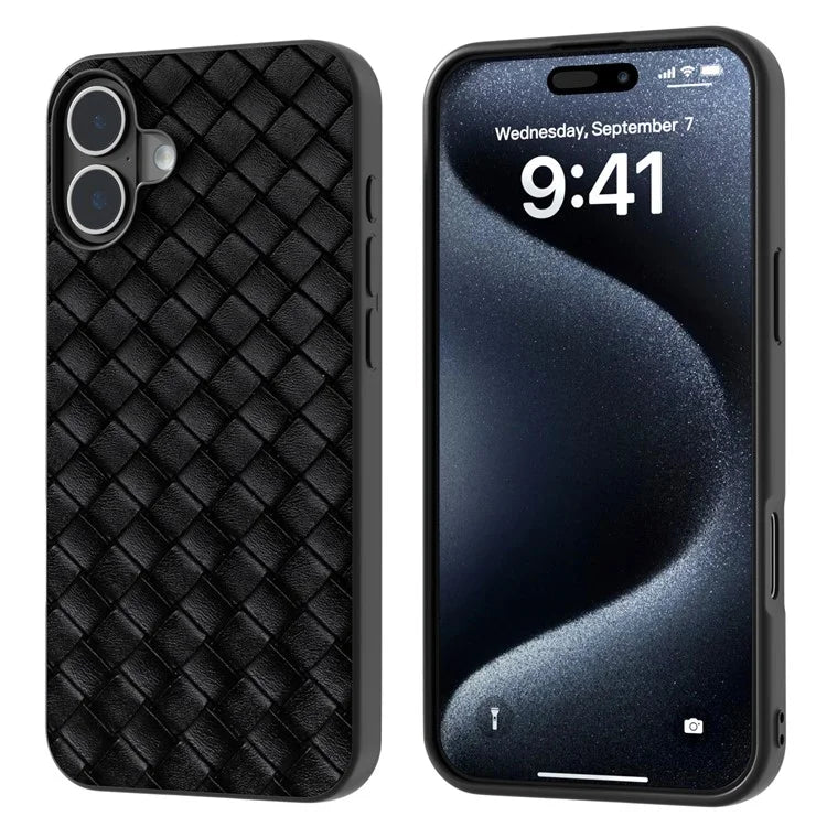 For iPhone 16 Plus Case Woven Texture Leather+PC+TPU Hybrid Phone Cover