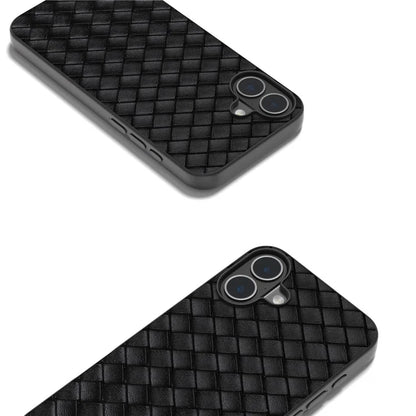 For iPhone 16 Plus Case Woven Texture Leather+PC+TPU Hybrid Phone Cover