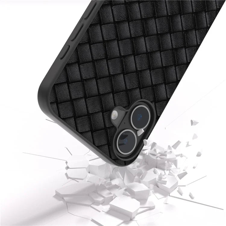 For iPhone 16 Plus Case Woven Texture Leather+PC+TPU Hybrid Phone Cover