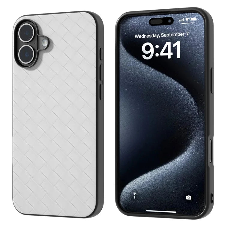 For iPhone 16 Plus Case Woven Texture Leather+PC+TPU Hybrid Phone Cover