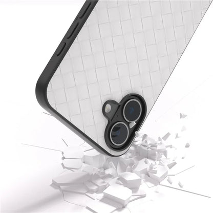 For iPhone 16 Plus Case Woven Texture Leather+PC+TPU Hybrid Phone Cover
